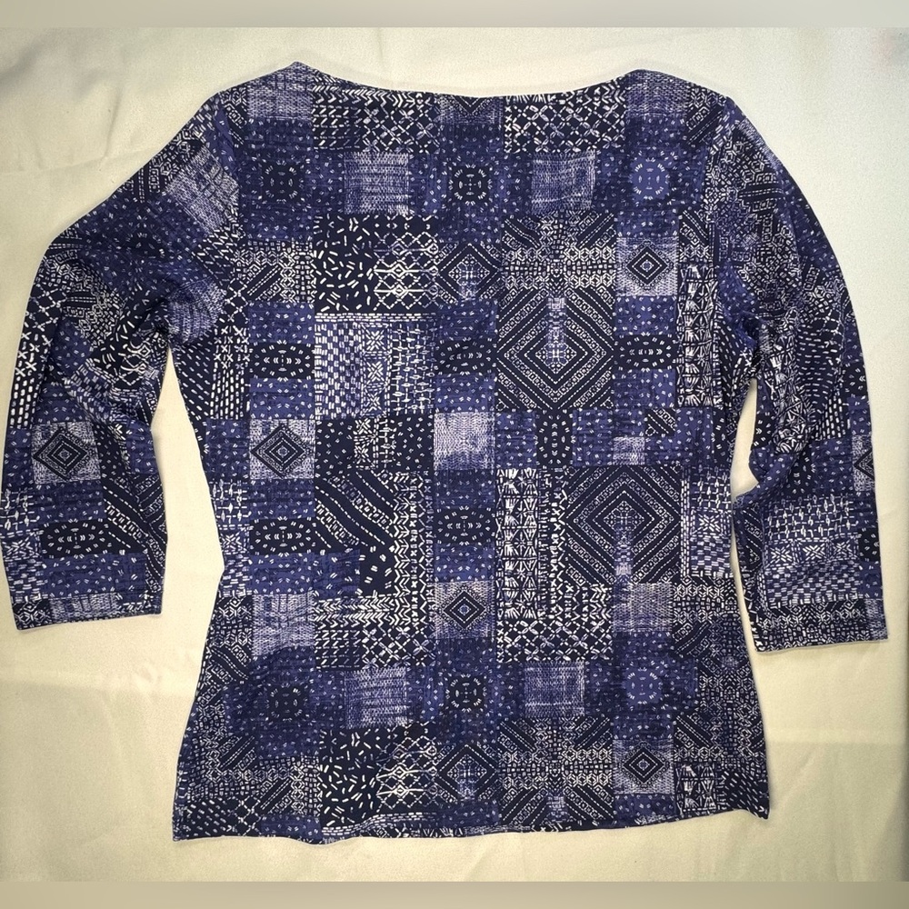 J. McLaughlin Navy Patchwork Print 3/4 Sleeve Top- Medium - Picture 2 of 7